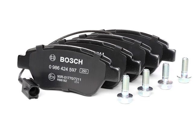 BOSCH 0 986 424 597: Juego de pastillas de freno con accesorios, Chapa antichirridos, con tornillos