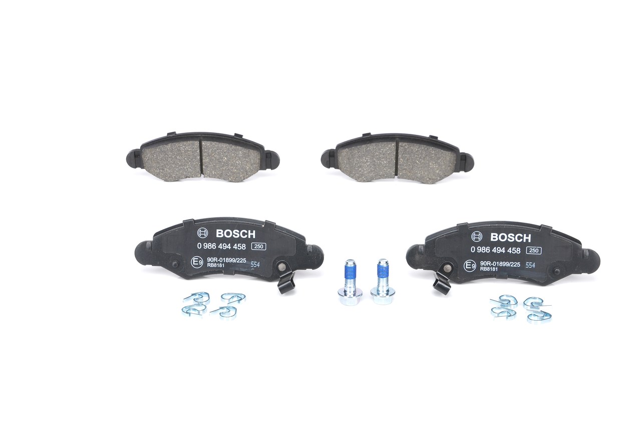 BOSCH 0 986 494 458: Juego de pastillas de freno con instrucciones de montaje, Chapa antichirridos, con tornillos