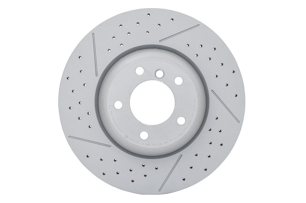 BOSCH 0 986 479 E09: Bremsscheibe Ø: 338mm, Belüftet, zweiteilige Bremsscheibe, geschlitzt/gelocht, Ø: 338mm, beschichtet, mit Schrauben