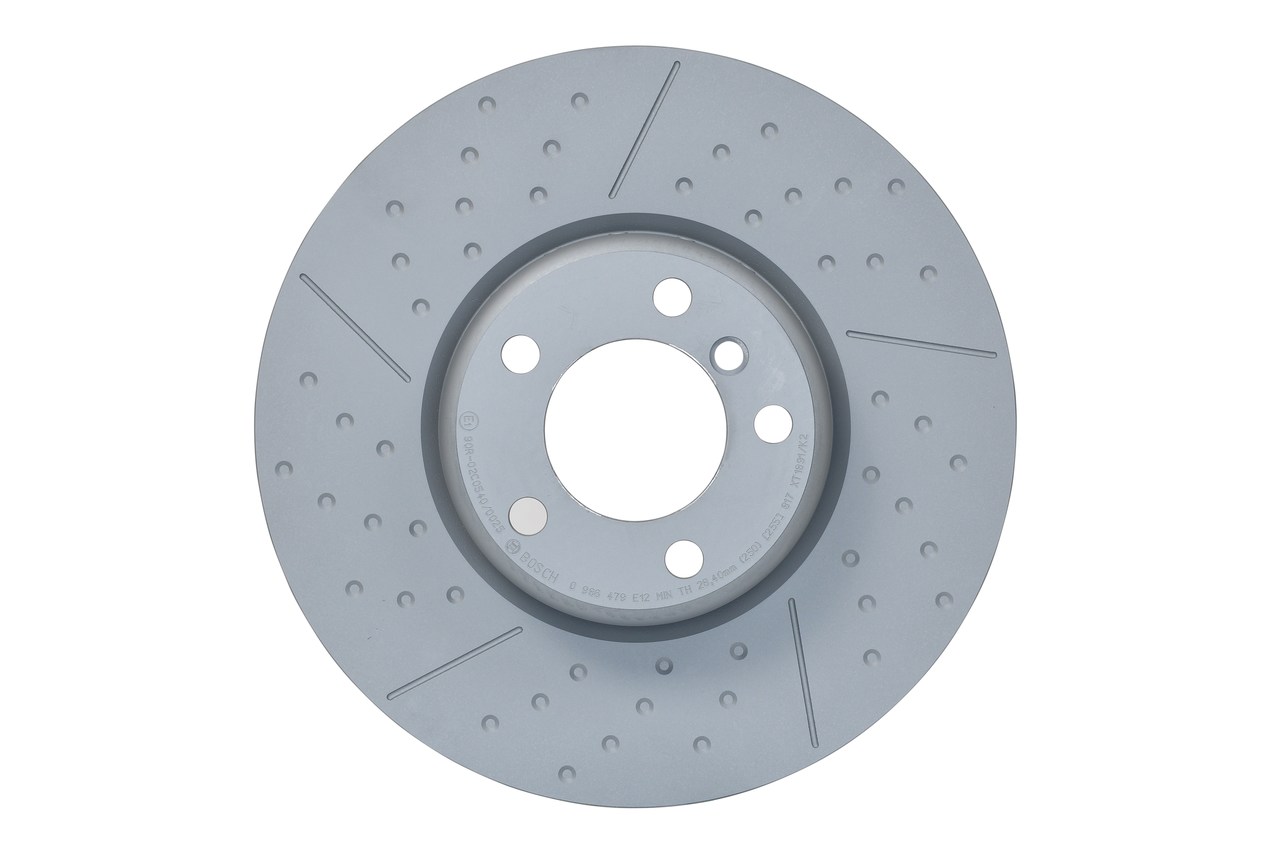 BOSCH 0 986 479 E12: Disco de freno Ø: 340mm, ventilado, disco de freno de dos piezas, ranurado/perforado, Ø: 340mm, revestido, con tornillos