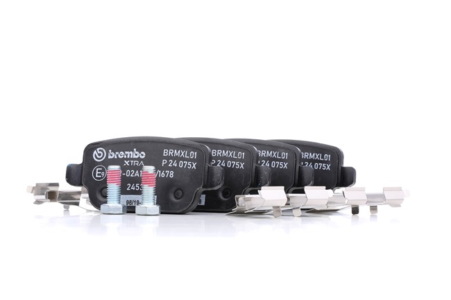 BREMBO P 24 075X: Plăcuțe de frână XTRA LINE cu acceasorii, cu suruburi etrier, cu tabla anti scartait