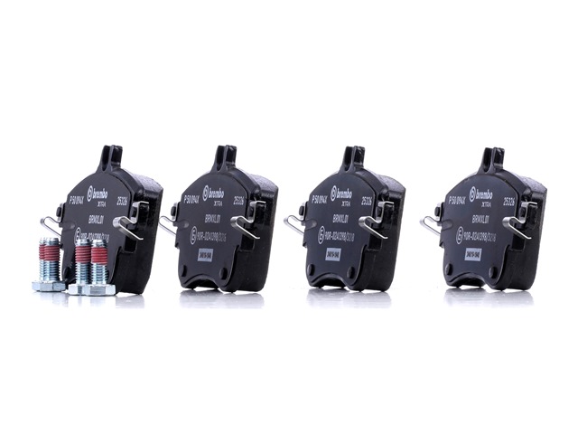 BREMBO P 50 094X: Sada brzdových destiček, kotoučová brzda XTRA LINE s příslušenstvím, Šrouby třmenů, s krycím plechem