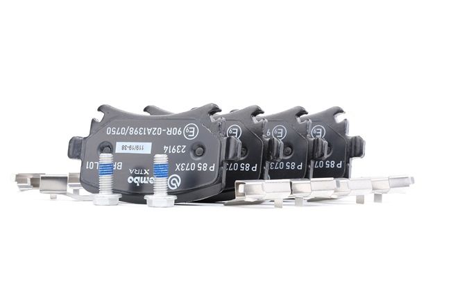 BREMBO P 85 073X: Juego de pastillas de freno XTRA LINE con accesorios, con tornillos pinza freno, Chapa antichirridos
