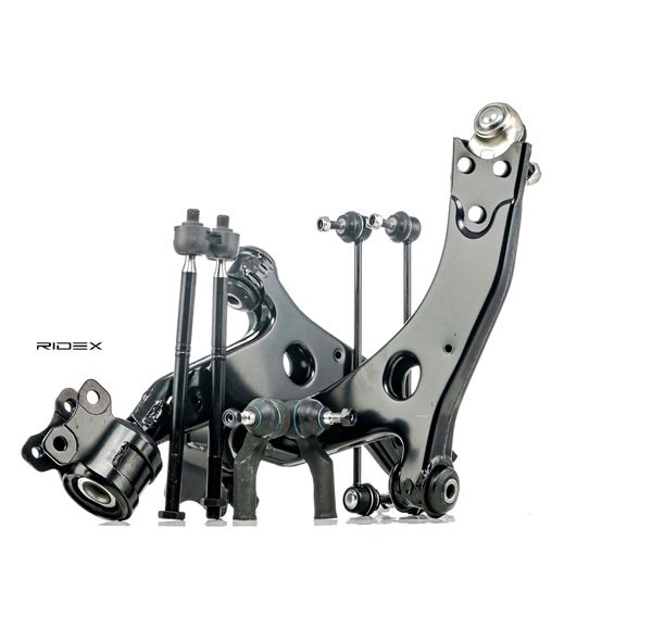 RIDEX 772S0124: Reparatieset, wieldraagarm Vooras, Met axiale koppeling, Met rubberlager, Met stuurstang, Met draag/-stuur gewricht