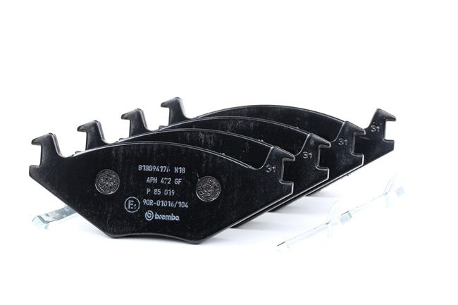 BREMBO P 85 019: Sada brzdových destiček, kotoučová brzda PRIME LINE s příslušenstvím, s Kolbenclipem, s krycím plechem