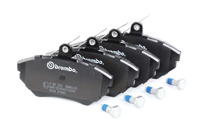 BREMBO P 85 032: Juego de pastillas de freno PRIME LINE con accesorios, con tornillos pinza freno, Chapa antichirridos