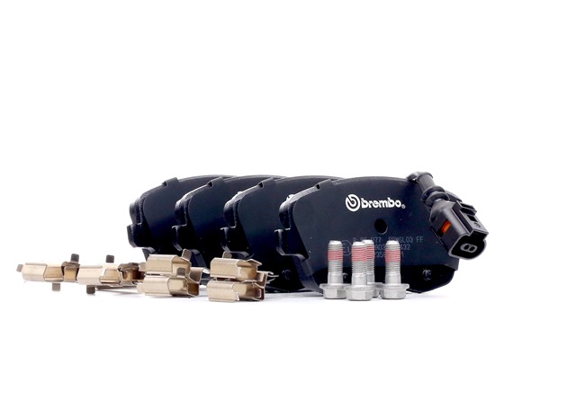 BREMBO P 85 077: Bremsbeläge PRIME LINE mit Zubehör, mit Bremssattelschrauben, mit Anti-Quietsch-Blech