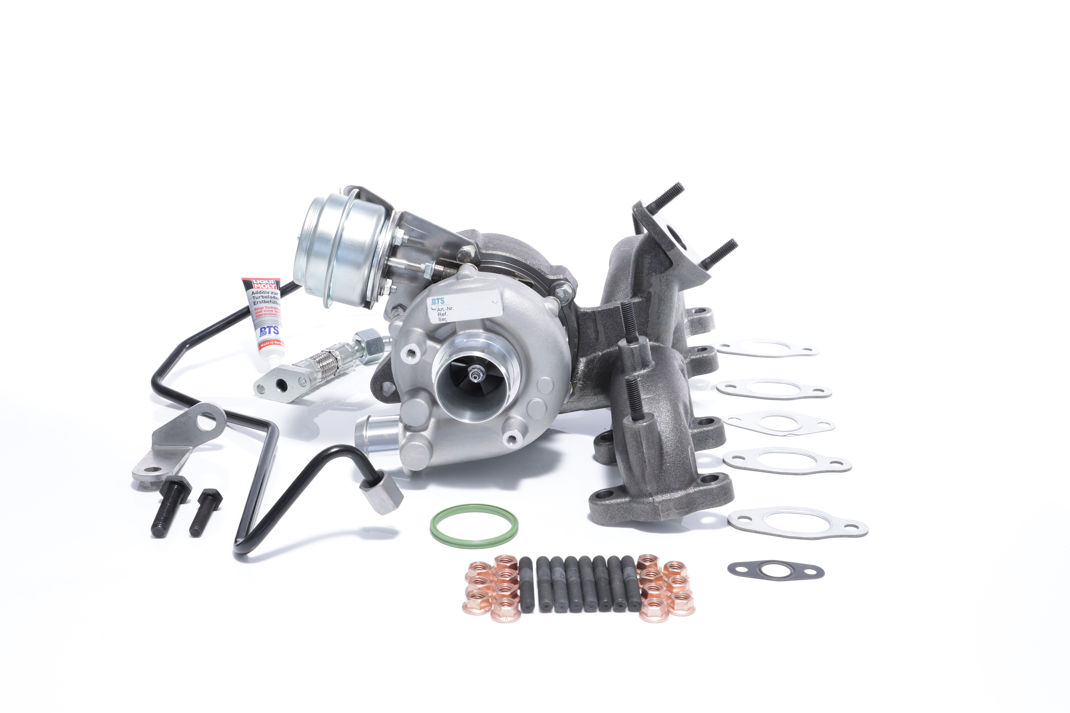 BTS TURBO T981034BT: Turbosuflantă cu material de atașare/fixare, cu conducta alimentare ulei, cu conducta scurgere ulei