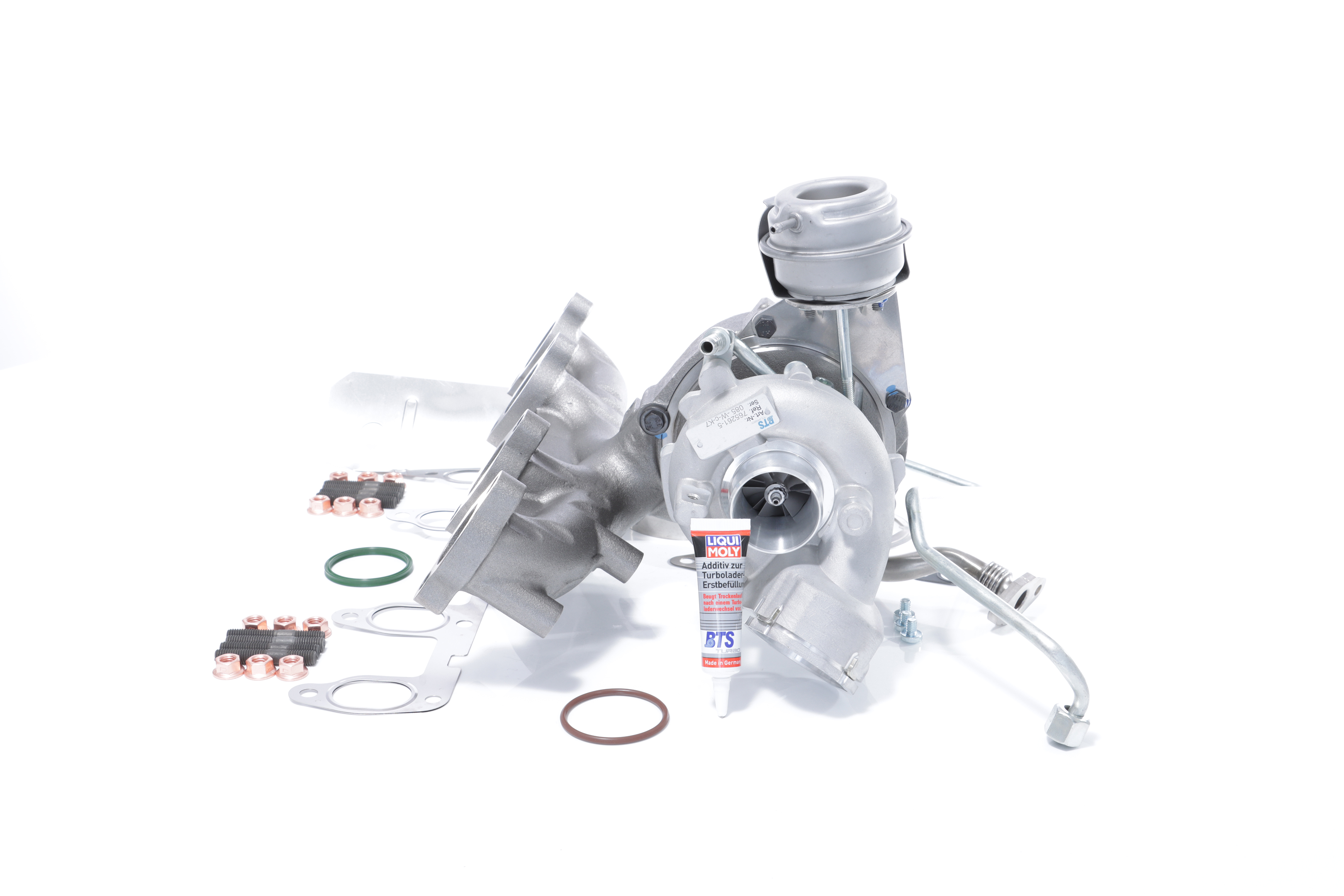 BTS TURBO T981080BT: Turbosuflantă cu material de atașare/fixare, cu conducta alimentare ulei, cu conducta scurgere ulei