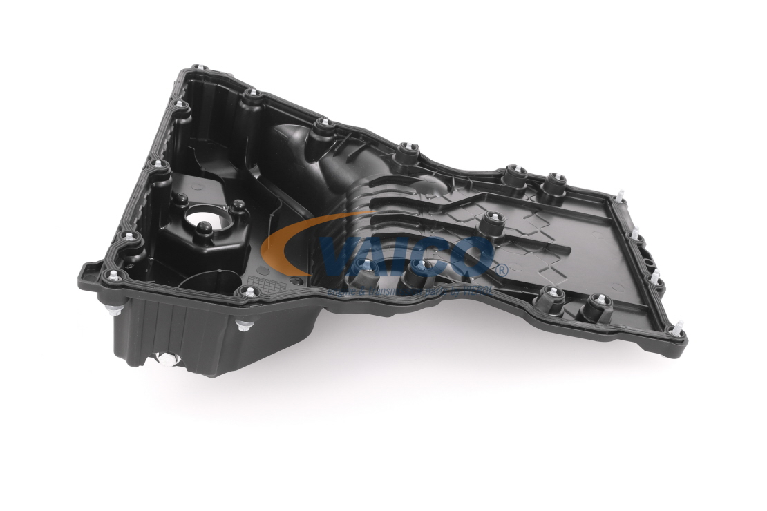 VAICO V30-3698: Baie ulei Green Mobility Parts cu buson de golire ulei, cu garnitura baie ulei, cu alezaj pentru senzor nivel ulei, cu suruburi