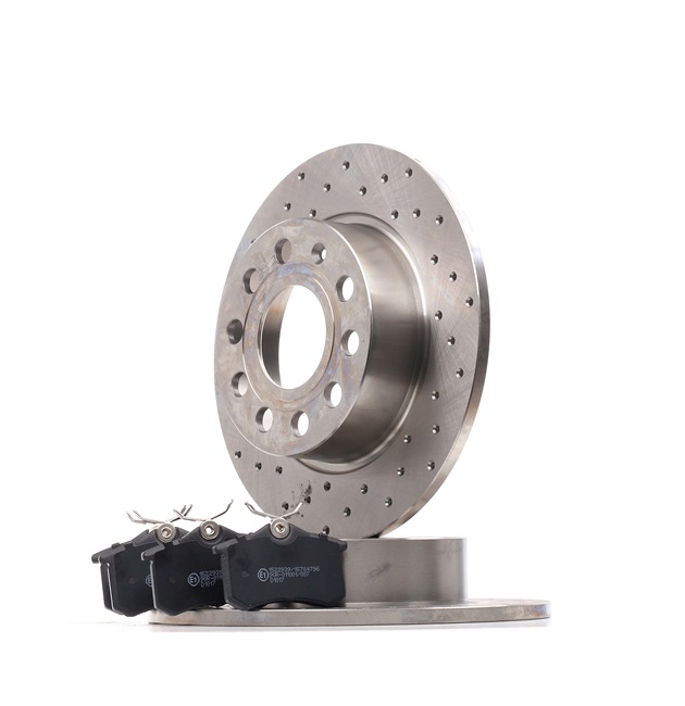 RIDEX 3405B1048: Kit de discos de freno y pastillas Eje trasero, Ø: 253mm, macizo, perforado, ranurado