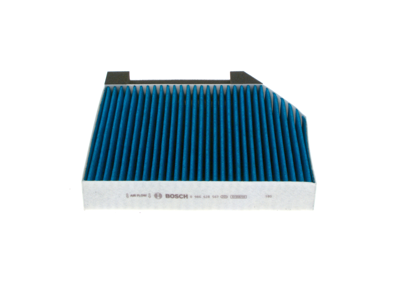 BOSCH 0 986 628 567: Interieurfilter FILTER+pro Carbon filter, Met antibacteriële werking, Deeltjesscheiderpercentage >98% voor 2,5 µm (fijnstof), Met anti-allergische werking, met antivirale werking, Met schimmelwerende werking