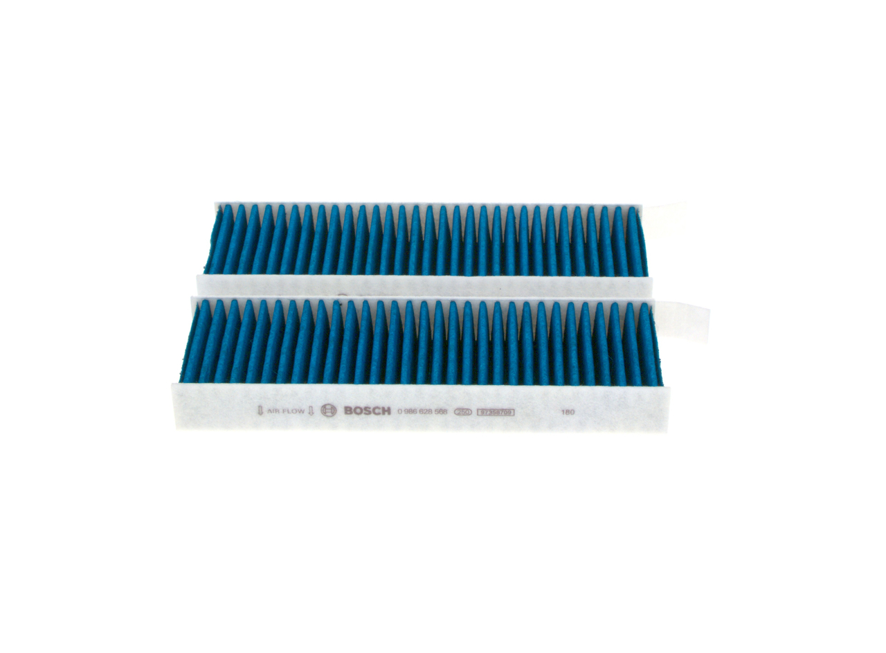 BOSCH 0 986 628 568: Filtre d'habitacle FILTRE+pro Filtre à charbon actif, avec effet antibactérien, Taux rétention partic. >98% pour 2,5µm (poussières fines), aux propriétés anti-allergènes, avec action antivirale, avec une activité antifongique