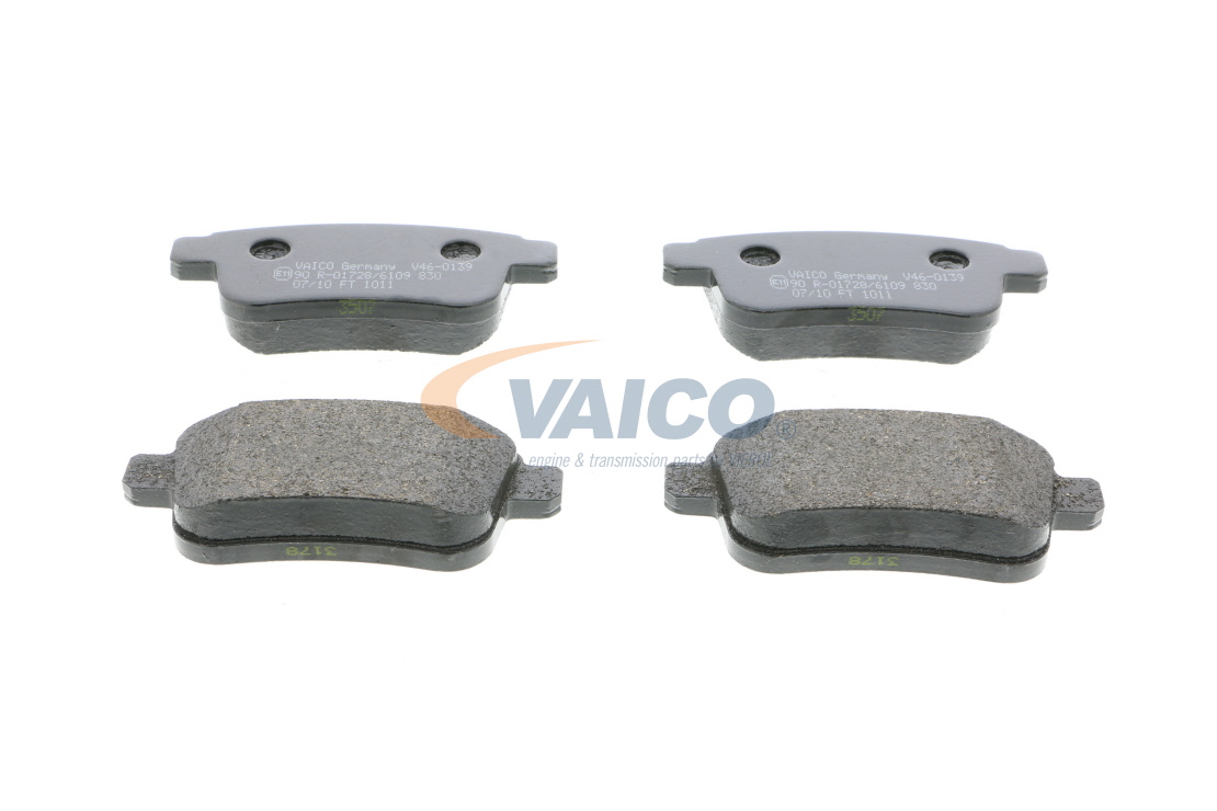 VAICO V46-0139: Plaquettes de frein Essieu arrière, avec accessoires, avec vis d'étrier de frein, Q+, Première Monte