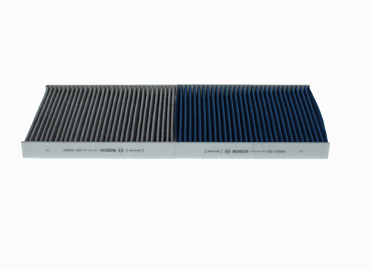 BOSCH 0 986 628 658: Filtro de habitáculo FILTRO+pro Filtro de carbón activado, con efecto bactericida, Índice de sep. de partículas > 98 % para 2,5 µm (polvo fino), con efecto antialérgico, con efecto antiviral, con efecto fungicida