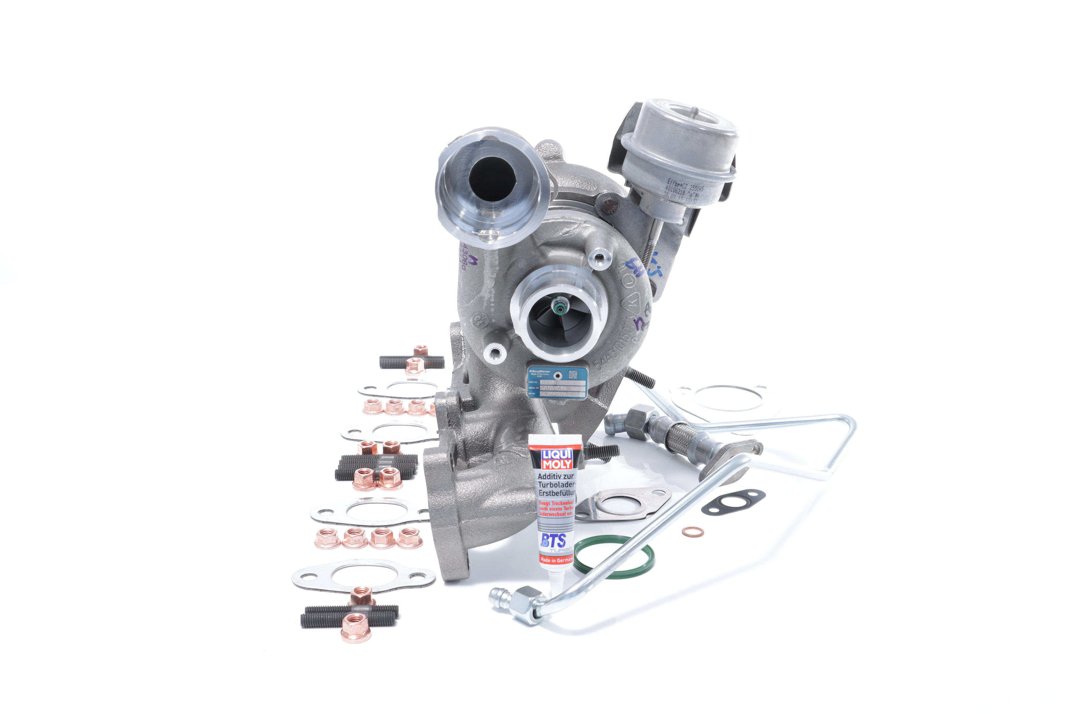 BTS TURBO T981013: Turbolader mit Anbau-/Befestigungsmaterial, mit Ölzulaufleitung, mit Ölablaufleitung, mit Montageanleitung TURBO SERVICE SET ORIGINAL