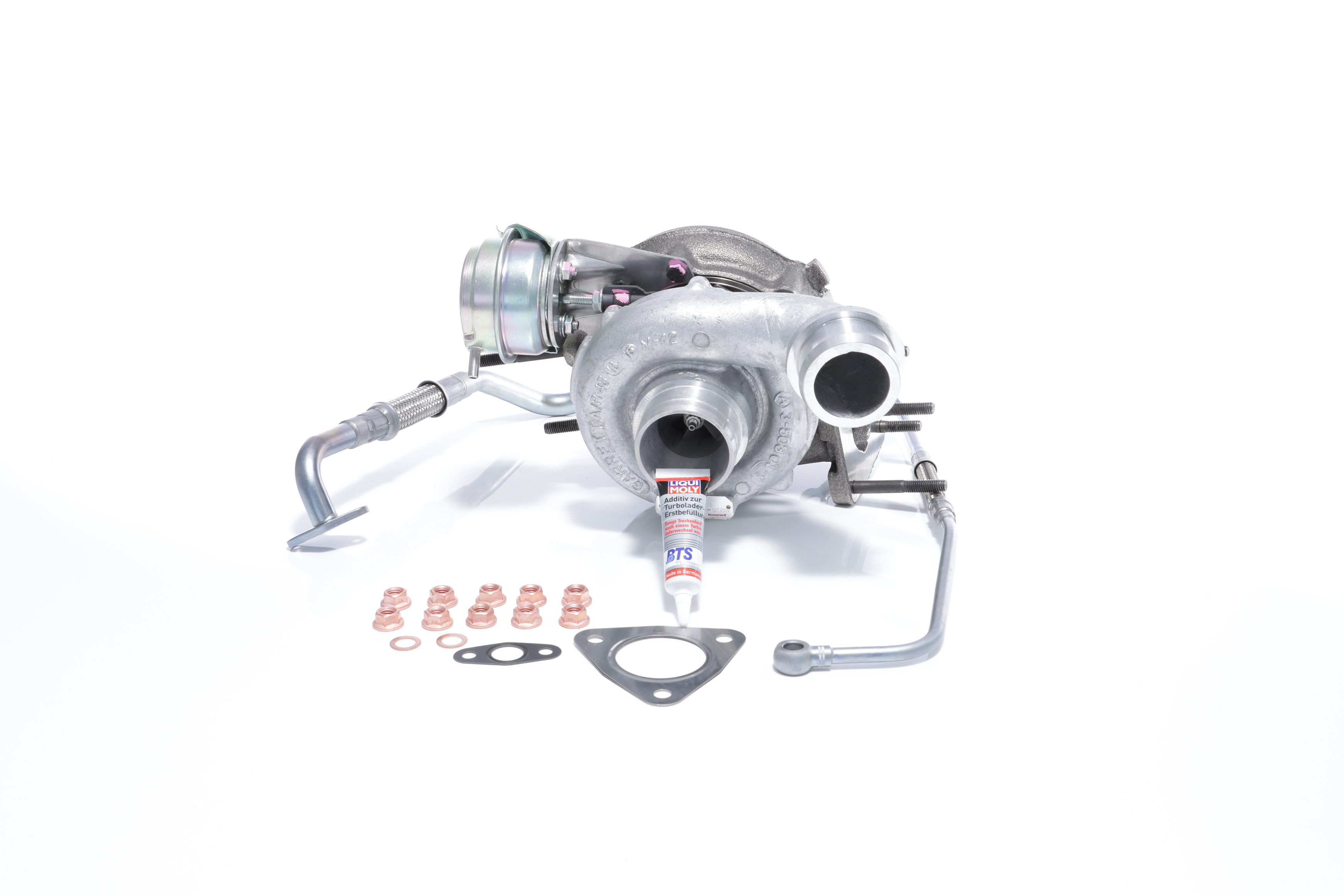 BTS TURBO T981070: Turbosuflantă cu material de atașare/fixare, cu conducta alimentare ulei, cu conducta scurgere ulei TURBO SERVICE SET ORIGINAL