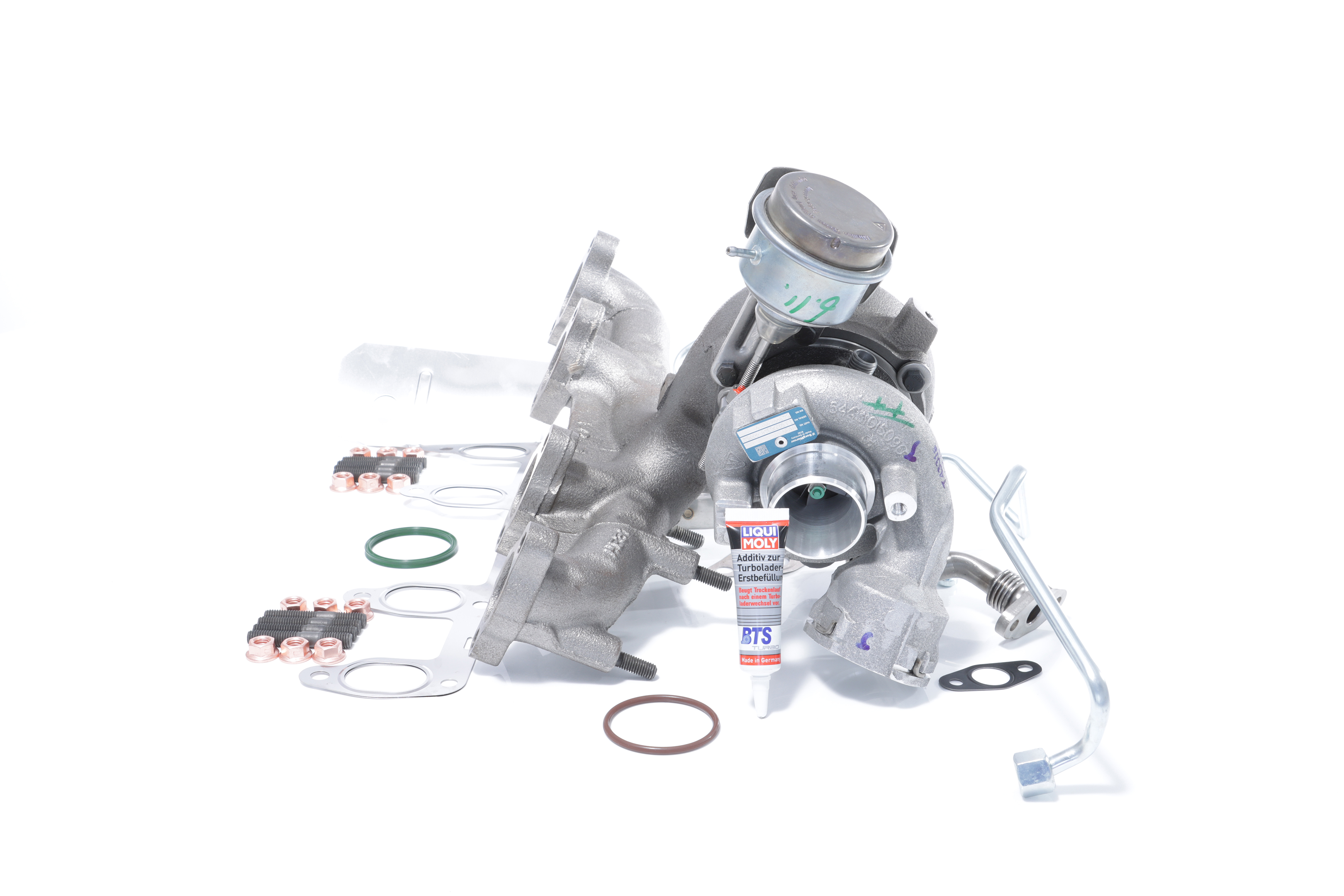 BTS TURBO T981073: Turbosuflantă cu material de atașare/fixare, cu conducta alimentare ulei, cu conducta scurgere ulei, cu senzor temperatura exterioara, cu instructiuni montaj TURBO SERVICE SET ORIGINAL
