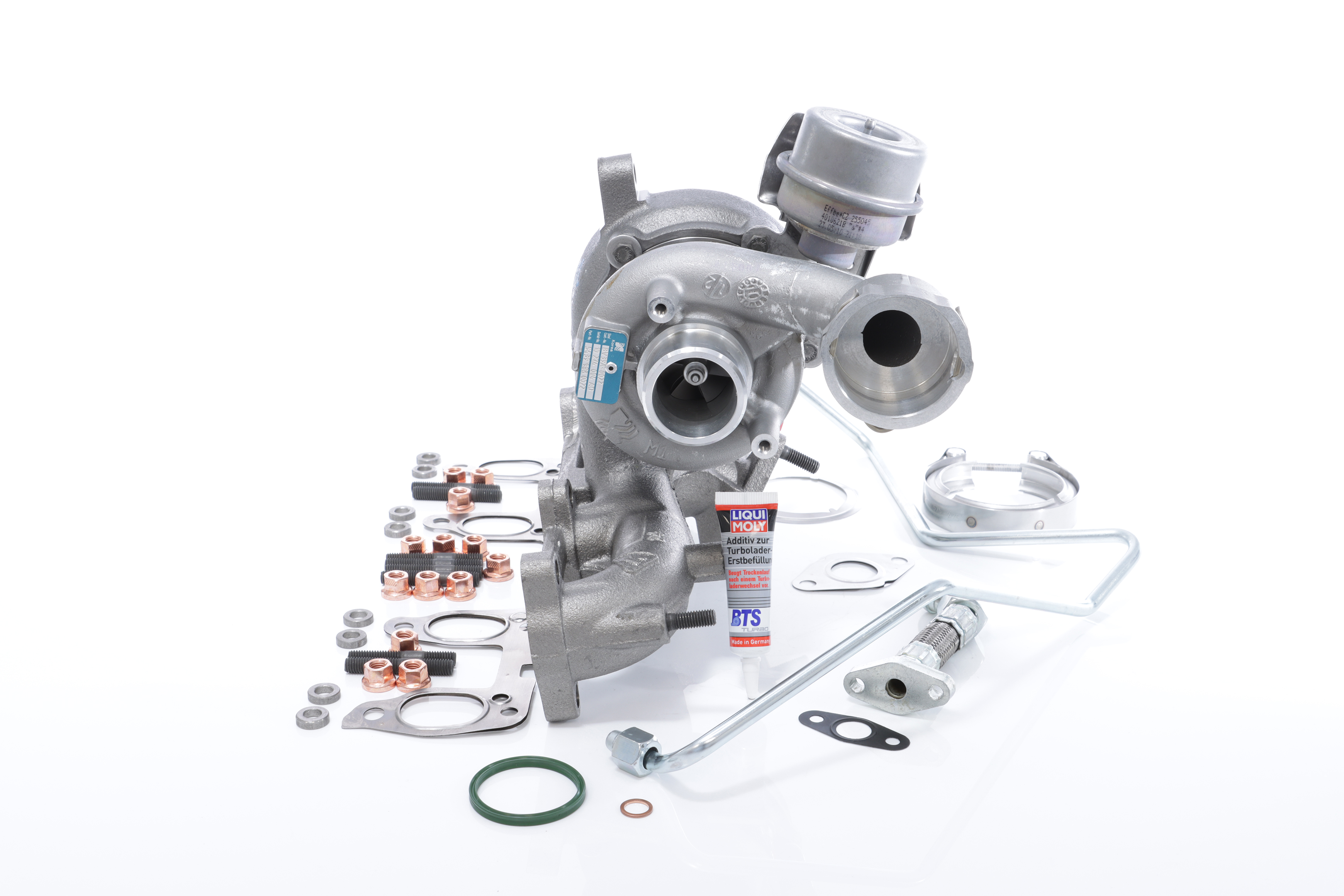 BTS TURBO T981075: Turbocompressor com material de montagem/fixação, com tubo de entrada de óleo, com tubo de saída de óleo, com instruções de montagem TURBO SERVICE SET ORIGINAL