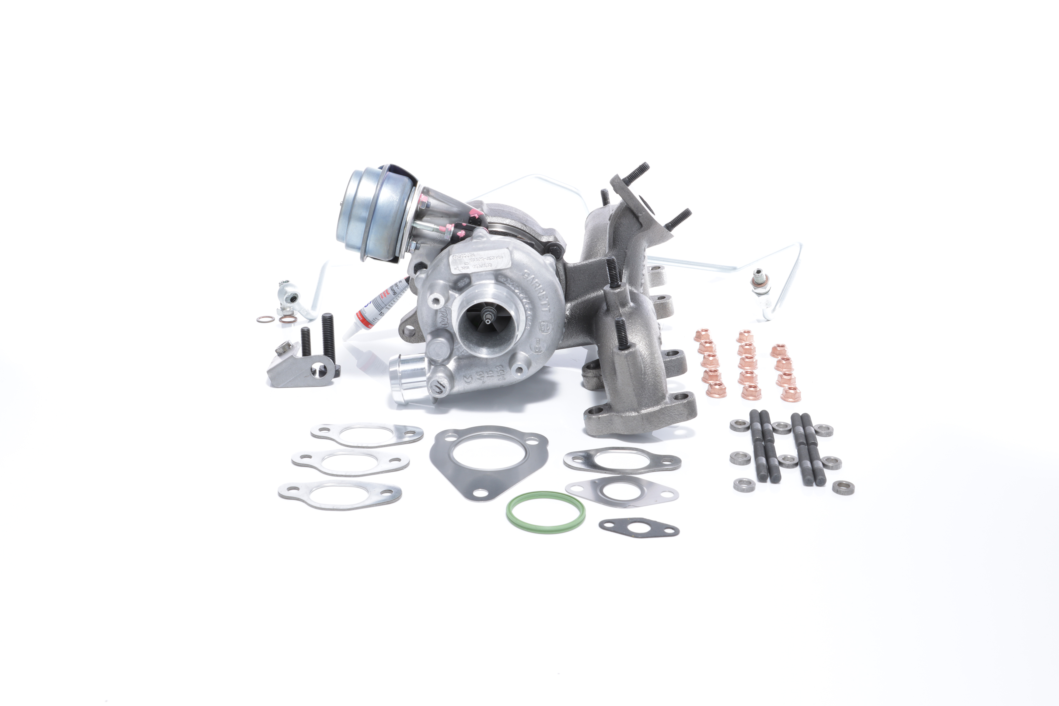 BTS TURBO T981128: Turbosuflantă cu material de atașare/fixare, cu conducta alimentare ulei, cu conducta scurgere ulei TURBO SERVICE SET ORIGINAL
