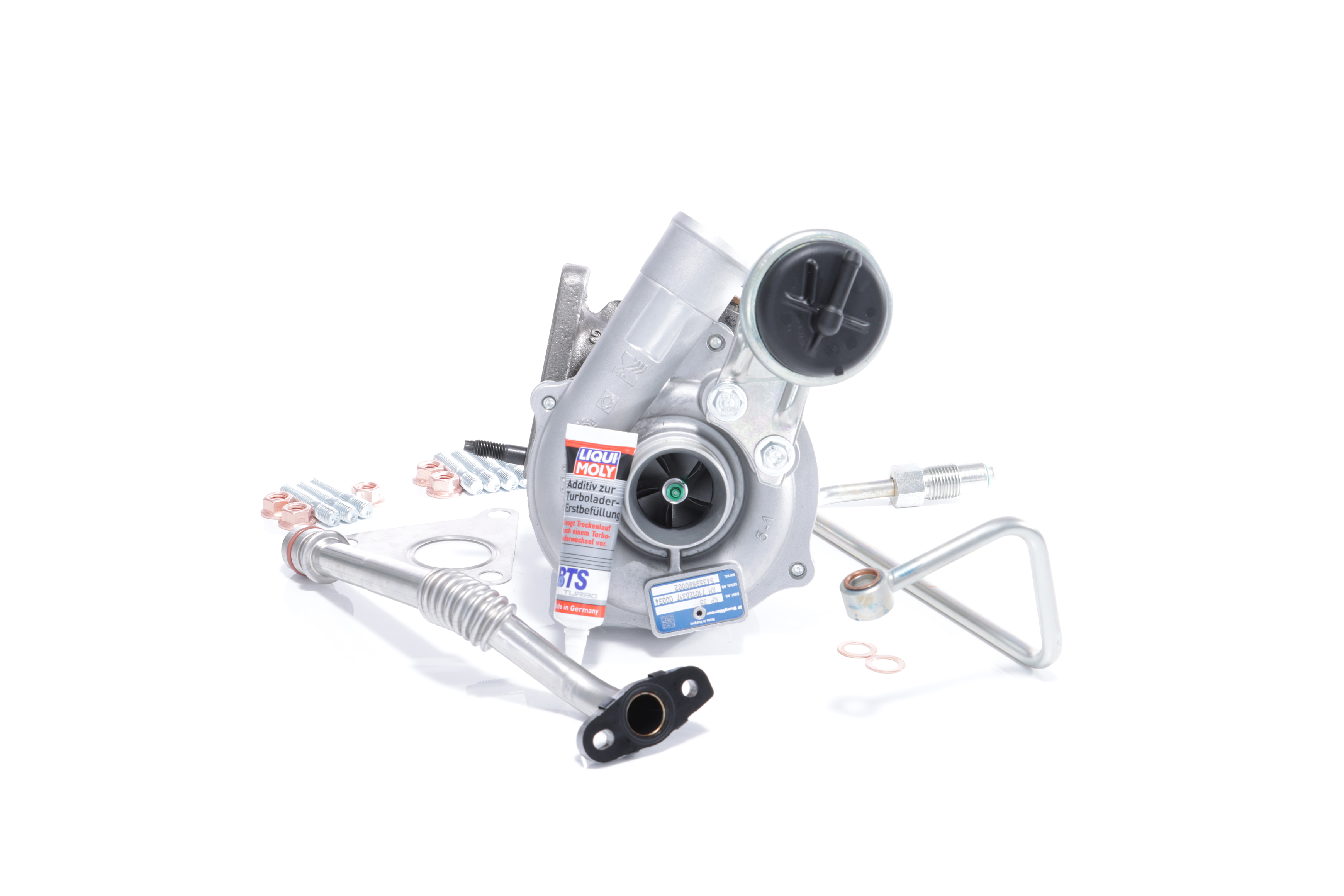 BTS TURBO T981133: Turbosuflantă cu material de atașare/fixare, cu conducta alimentare ulei, cu conducta scurgere ulei TURBO SERVICE SET ORIGINAL