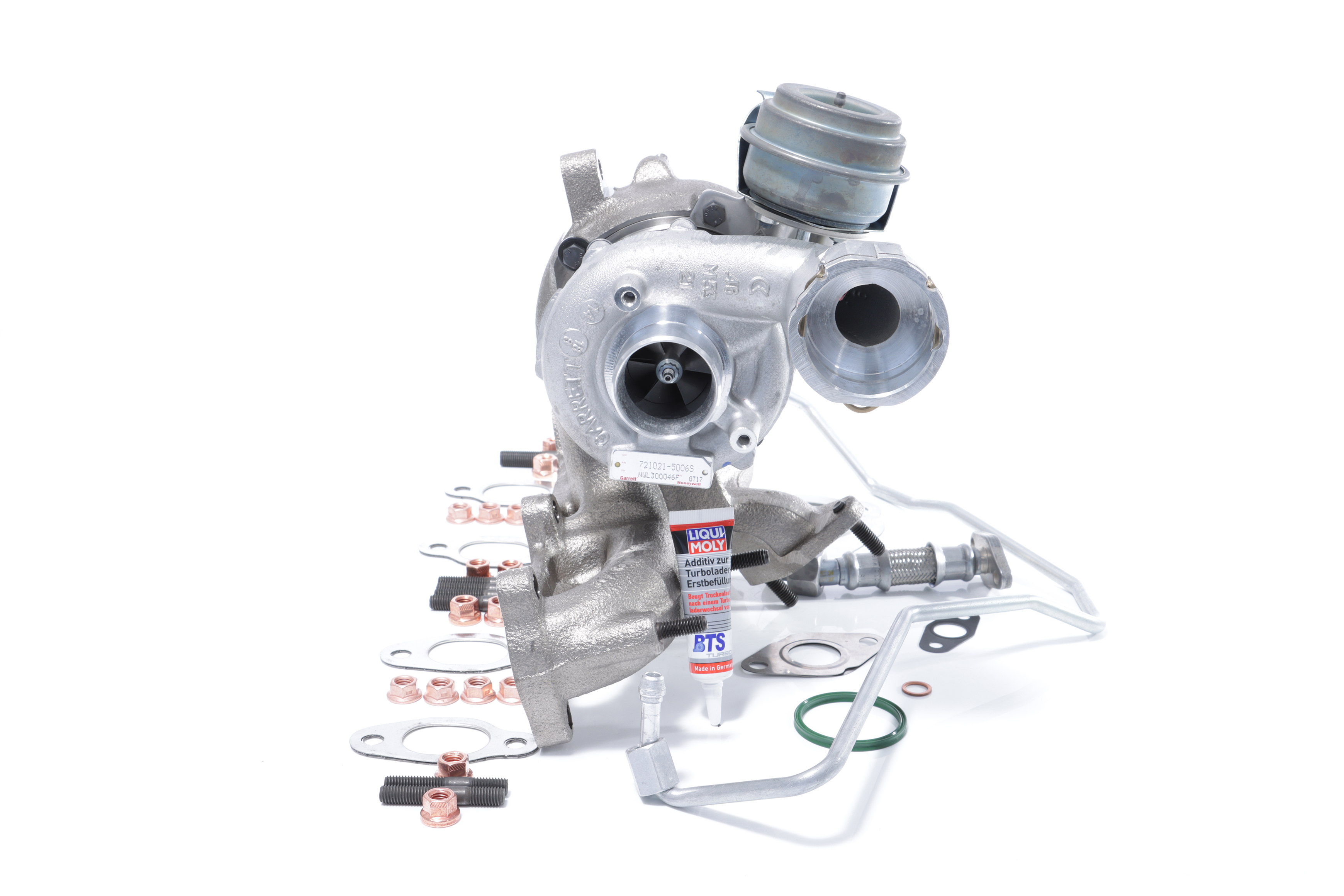 BTS TURBO T981183: Turbosuflantă cu conducta alimentare ulei, cu conducta scurgere ulei, cu material de atașare/fixare TURBO SERVICE SET ORIGINAL