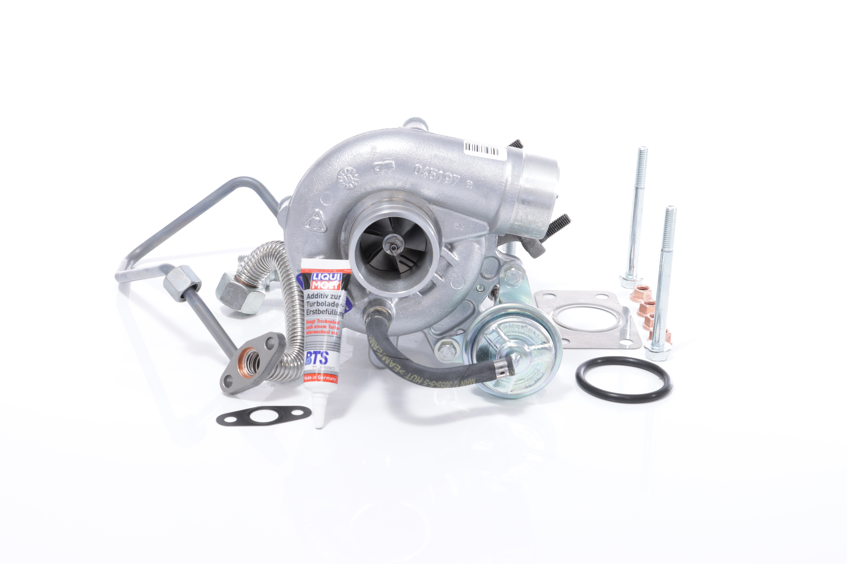 BTS TURBO T981195: Turbosuflantă cu conducta alimentare ulei, cu conducta scurgere ulei, cu material de atașare/fixare TURBO SERVICE SET ORIGINAL