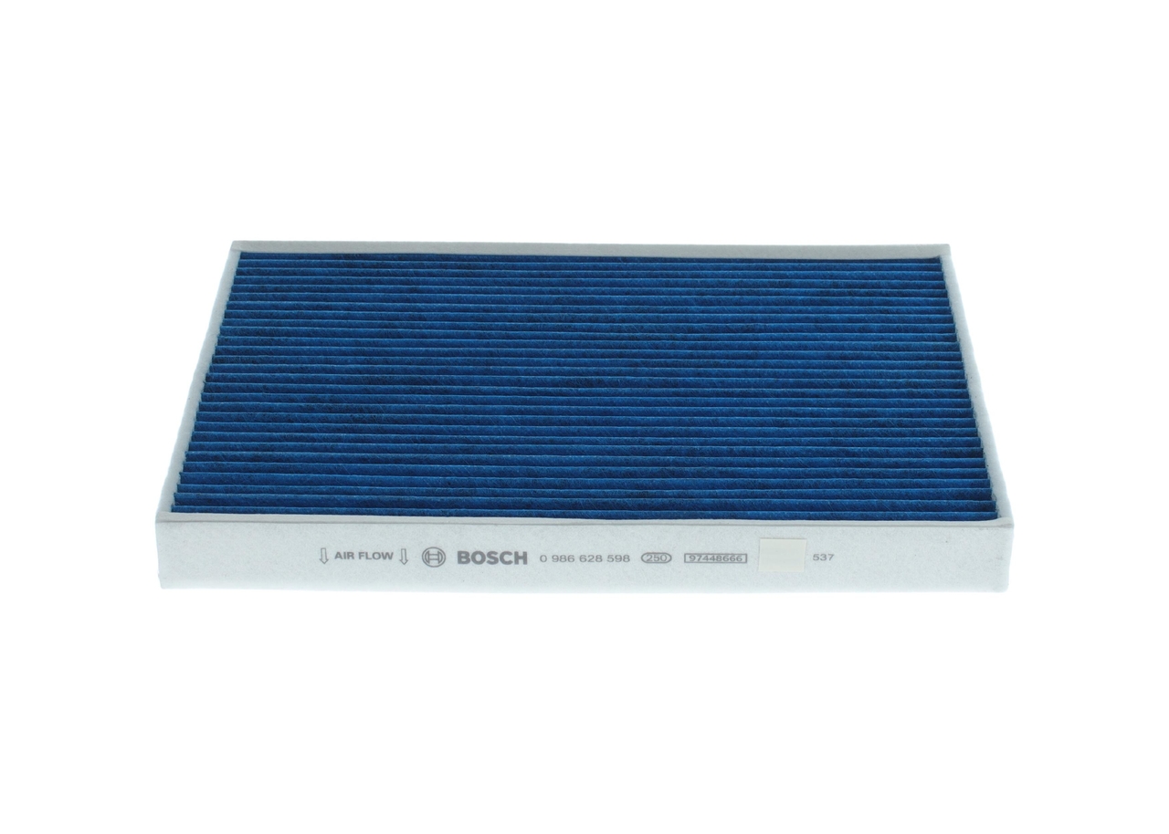 BOSCH 0 986 628 598: Filtre d'habitacle FILTRE+pro Filtre à charbon actif, avec effet antibactérien, Taux rétention partic. >98% pour 2,5µm (poussières fines), aux propriétés anti-allergènes, avec action antivirale, avec une activité antifongique