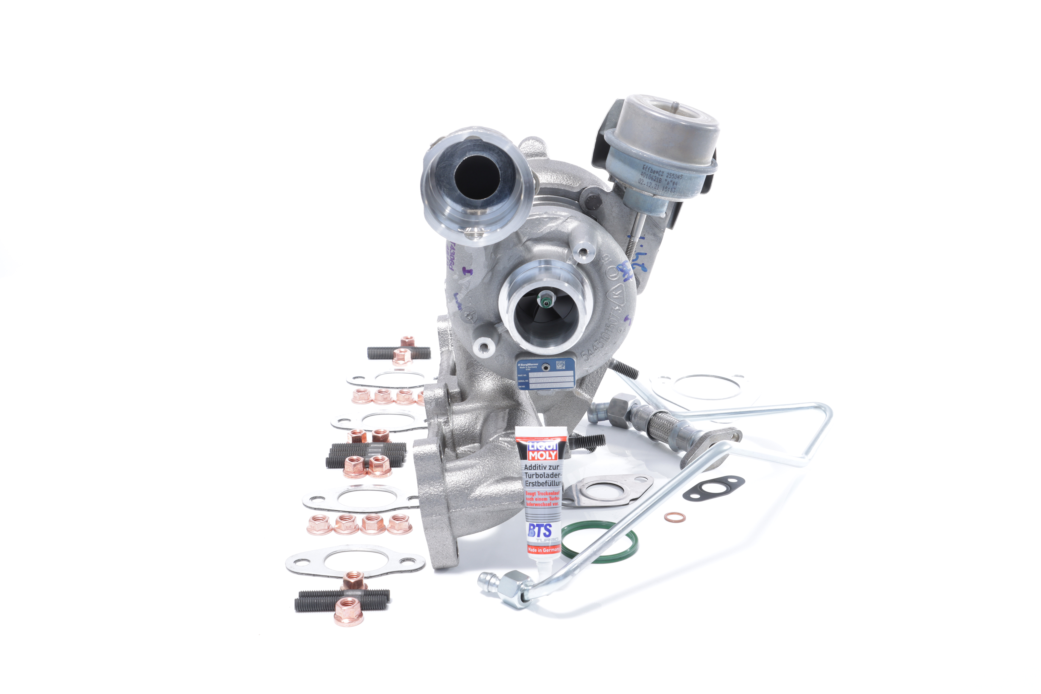 BTS TURBO T981264: Turbosuflantă cu conducta alimentare ulei, cu conducta scurgere ulei, cu material de atașare/fixare, TURBO SERVICE SET ORIGINAL