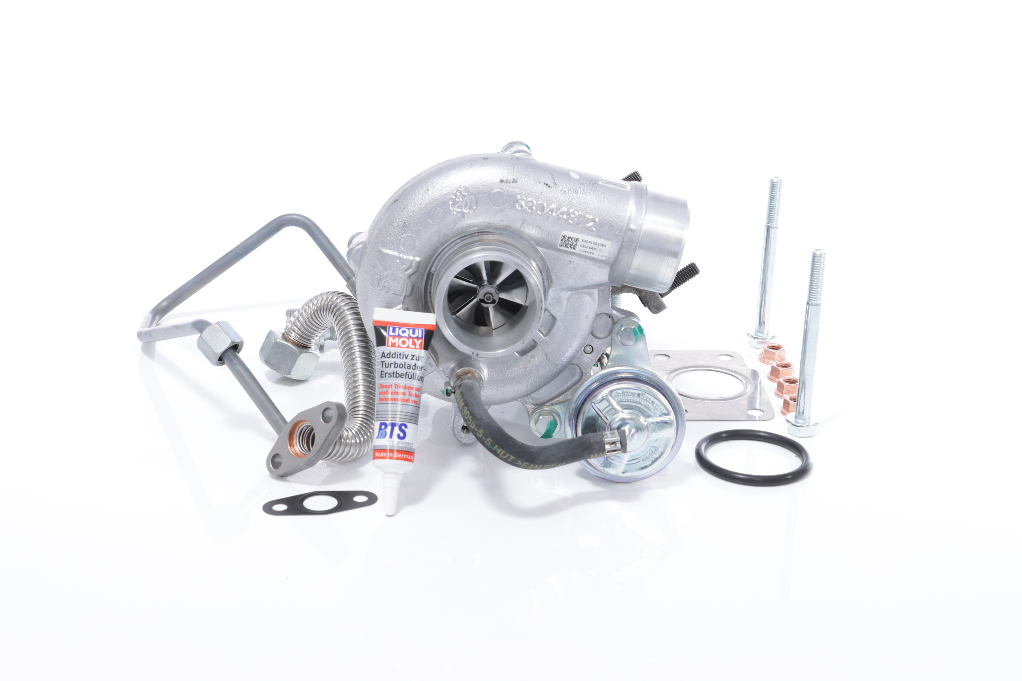 BTS TURBO T981285: Turbosprężarka z przewodem do wlewania oleju, z przewodem spustowym oleju, z materiałem montażowym/ mocującym, TURBO SERVICE SET ORIGINAL