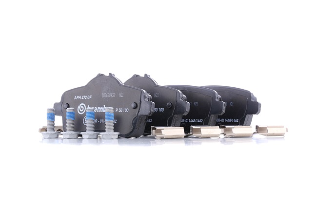 BREMBO P 50 100: Plăcuțe de frână PRIME LINE cu acceasorii, cu suruburi etrier, cu tabla anti scartait