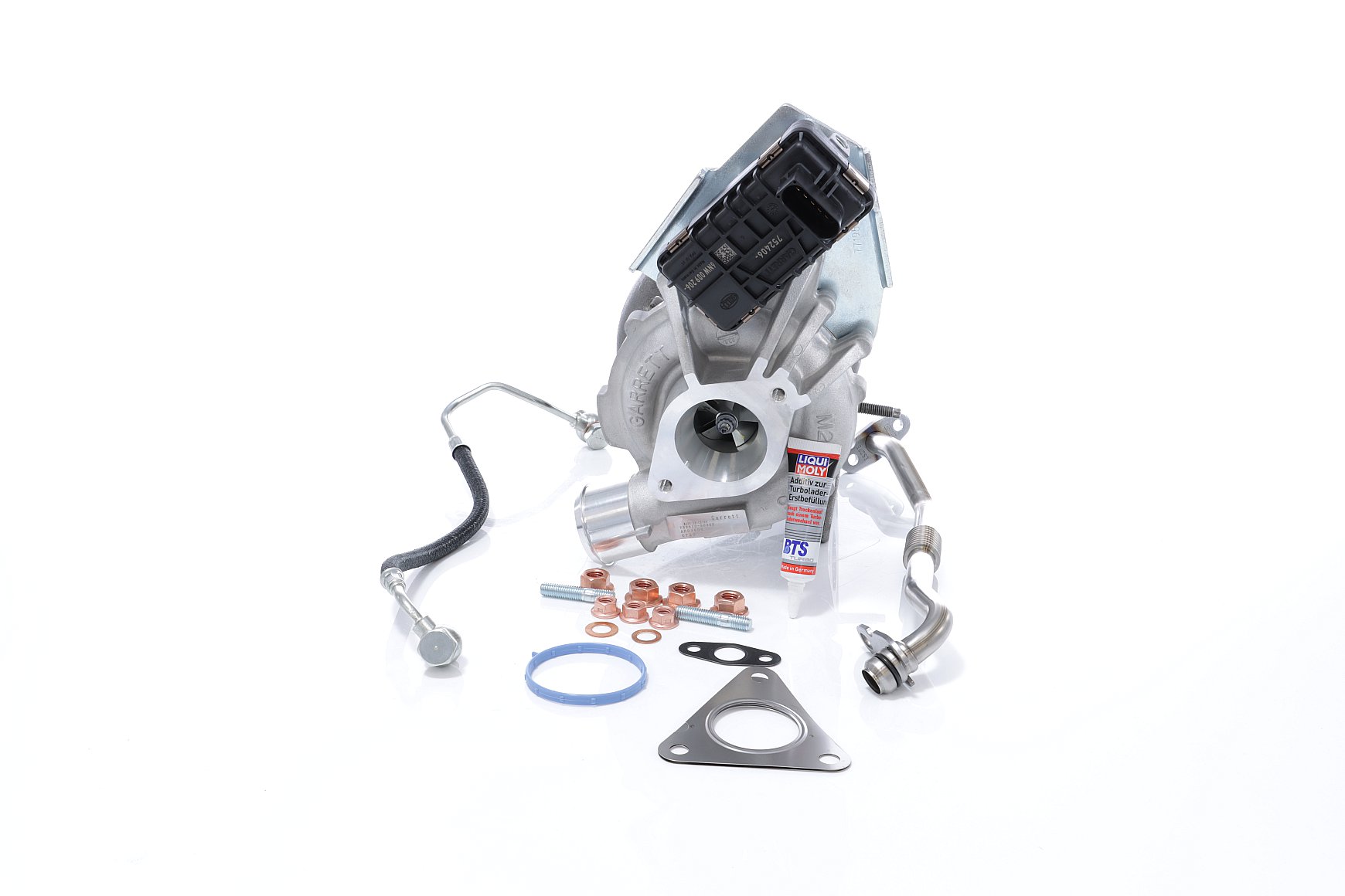 BTS TURBO T981388: Turbosuflantă cu conducta alimentare ulei, cu conducta scurgere ulei, cu material de atașare/fixare, TURBO SERVICE SET ORIGINAL