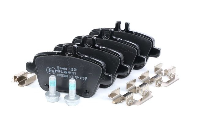 BREMBO P 50 091: Plăcuțe de frână PRIME LINE cu acceasorii, cu suruburi etrier, cu tabla anti scartait