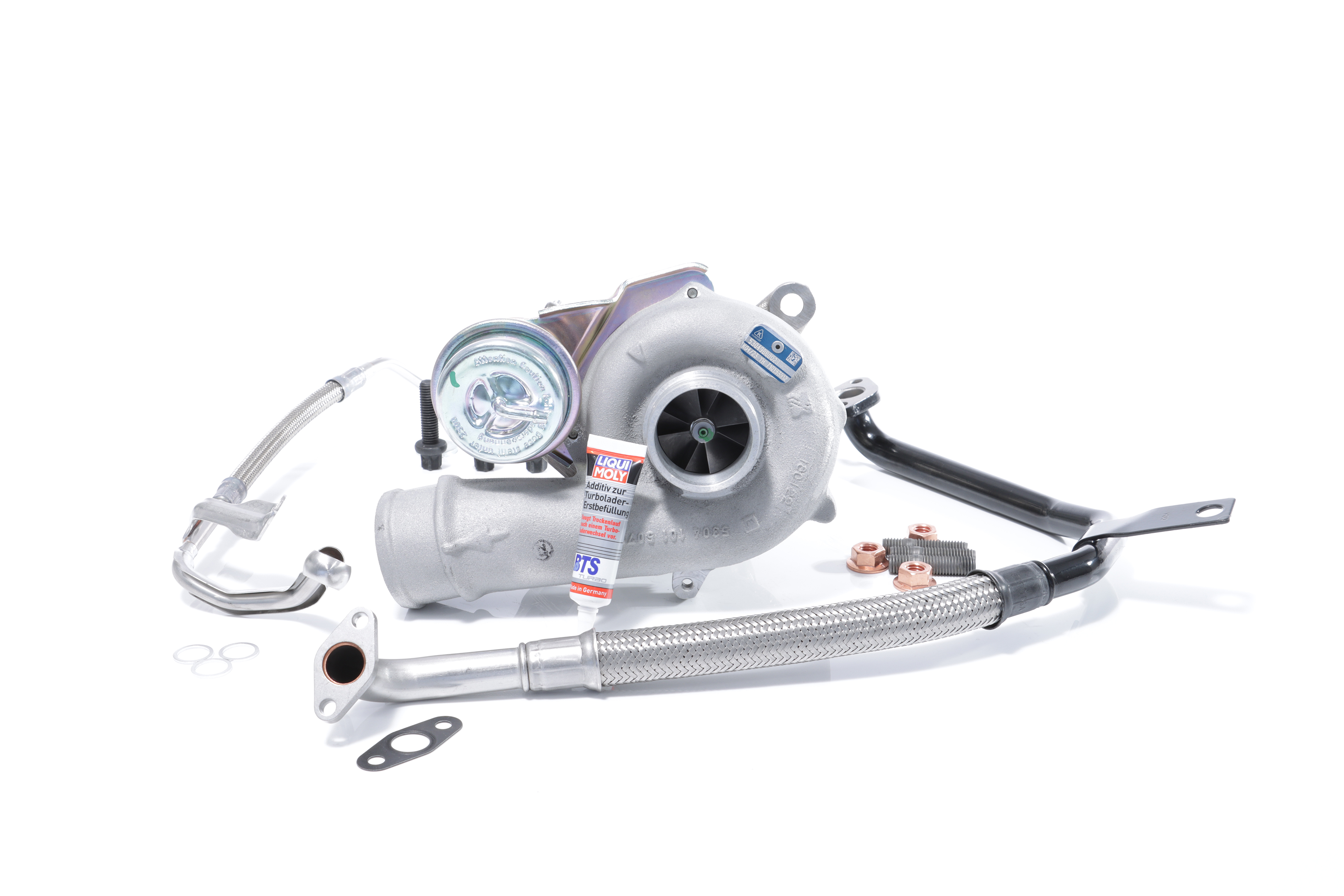 BTS TURBO T981328: Turbocompresseur avec aspiration d'huile, avec évacuation d'huile, avec matériel de montage/fixation TURBO SERVICE SET ORIGINAL