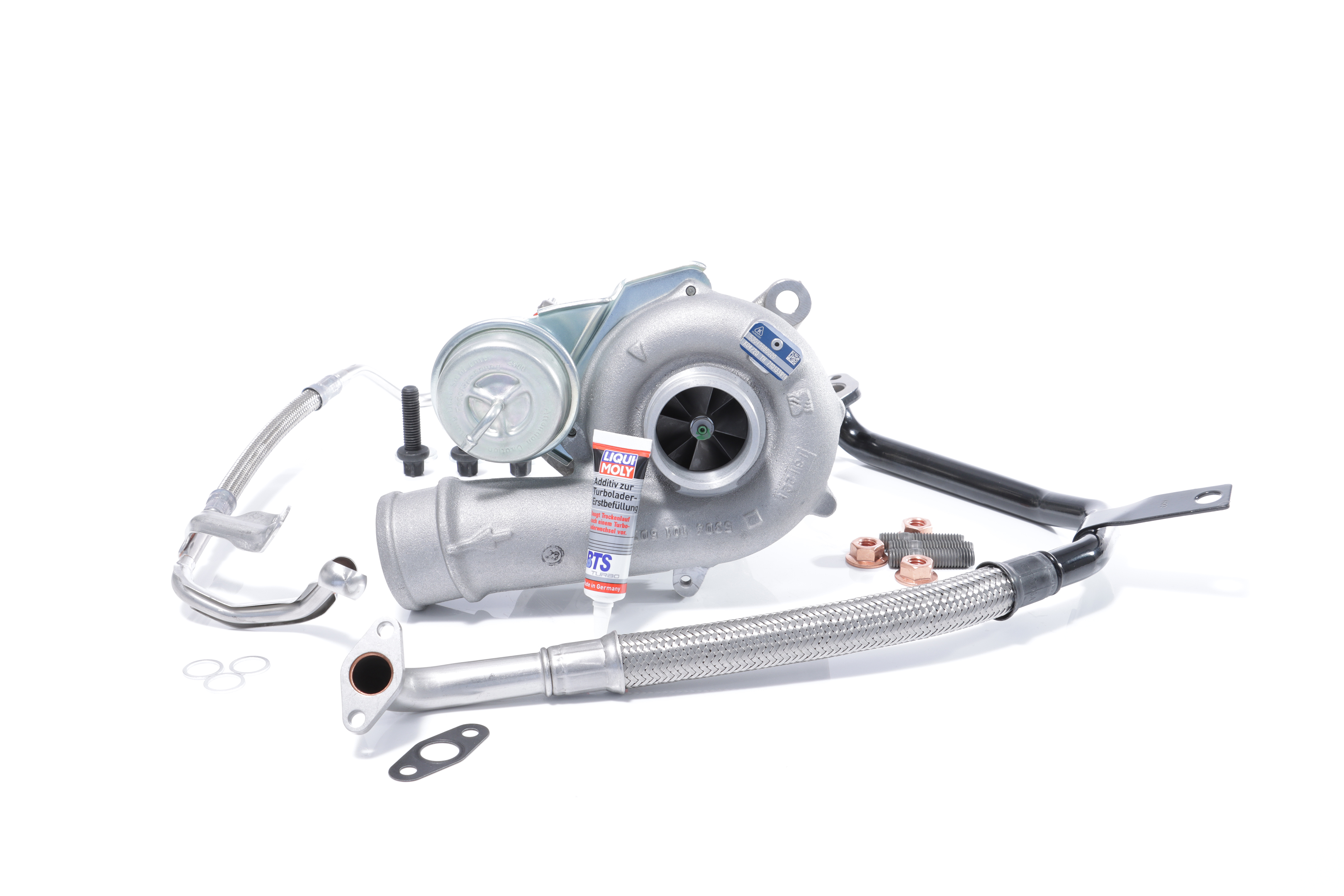 BTS TURBO T981329: Turbosuflantă cu conducta alimentare ulei, cu conducta scurgere ulei, cu material de atașare/fixare TURBO SERVICE SET ORIGINAL