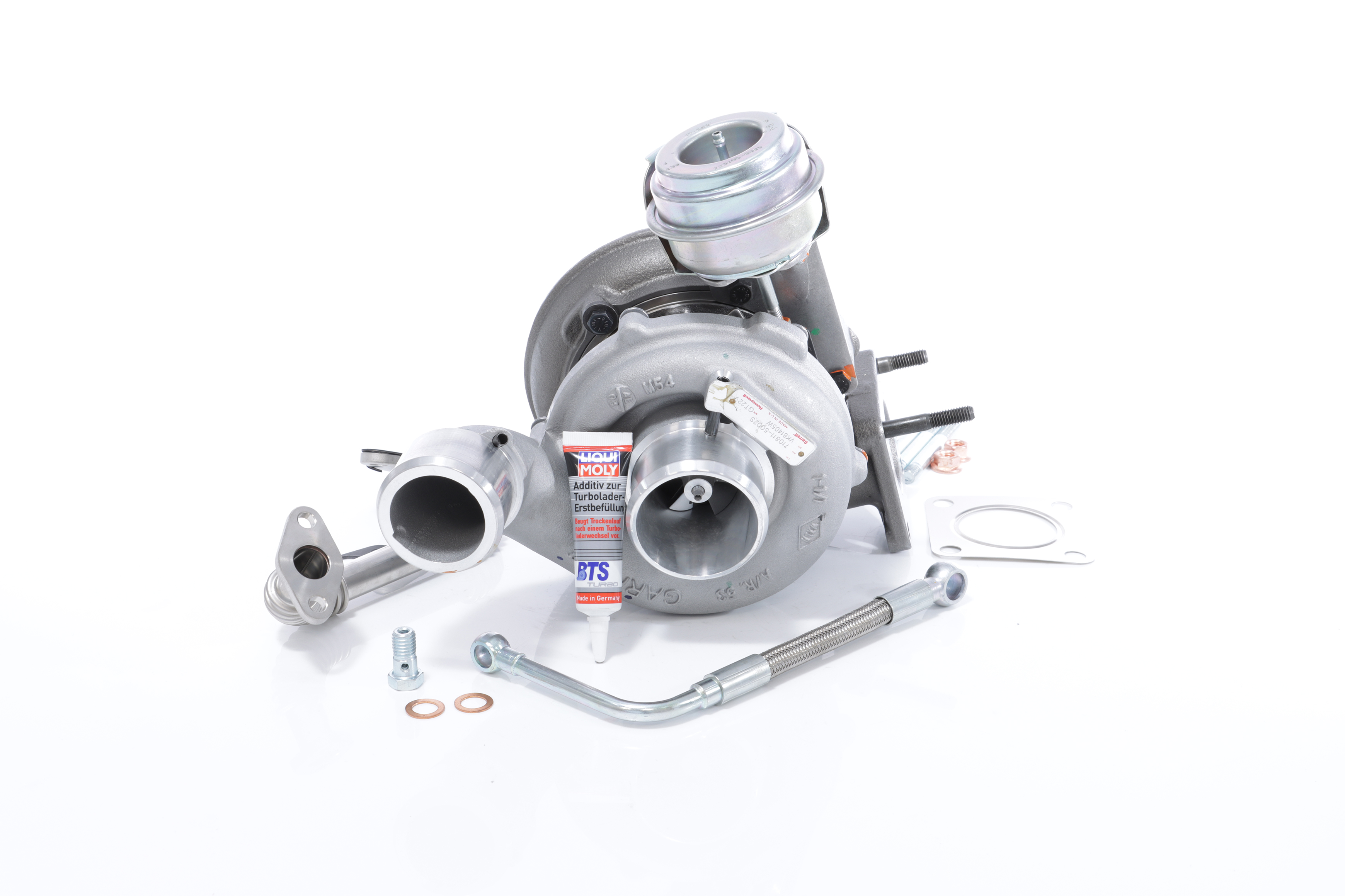BTS TURBO T981296: Turbosuflantă cu conducta alimentare ulei, cu conducta scurgere ulei, cu material de atașare/fixare TURBO SERVICE SET ORIGINAL