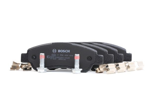 BOSCH 0 986 494 604: Fékbetét készlet, tárcsafék Tartozékokkal, szerelési útmutatóval, csavarokkal, csikorgásgátló lemezzel