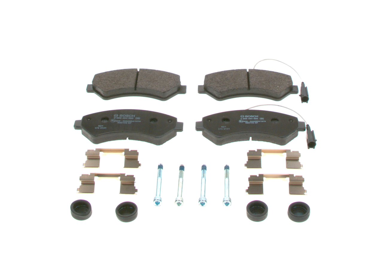 BOSCH 0 986 494 580: Juego de pastillas de freno con muelle, con accesorios, Chapa antichirridos, con tornillos