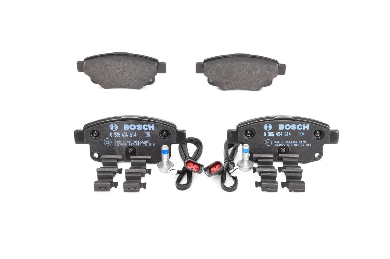 BOSCH 0 986 494 614: Juego de pastillas de freno con instrucciones de montaje, Chapa antichirridos, con tornillos