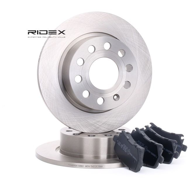RIDEX 3405B0023: Disques et plaquettes de freins Essieu arrière, Ø: 255mm, plein, avec tôle anti-bruit