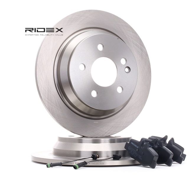 RIDEX 3405B0033: Kit de discos de freno y pastillas Eje trasero, Ø: 296mm, macizo, Chapa antichirridos, con tornillos pinza freno