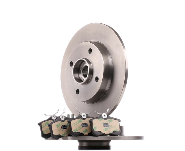 RIDEX 3405B0079: Kit de discos de freno y pastillas Eje trasero, Ø: 249mm, macizo, con juego cojinetes rueda, con anillo sensor ABS